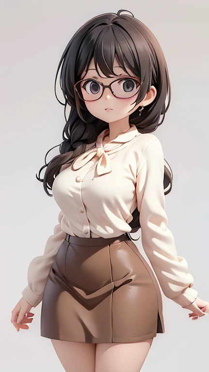 30-year-old woman、female teacher、Glasses、Black Hair,、Perm、Long Hair、Casual wear、Formal look、sweater、Dress shirt、Clothing patterns、Clothing Design、Tight skirt、whole body、 