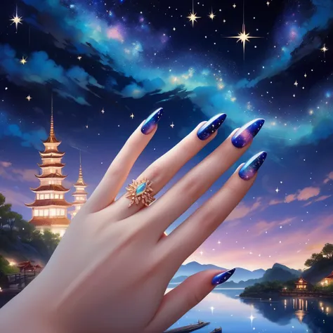 A close-up shot of a hand with manicured nails，The nails are painted with a starry sky design，The details are meticulously crafted，Presenting the beautiful sight of the starry river in the night sky。Perfect fingers，Perfect composition,