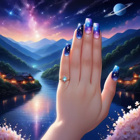 A close-up shot of a hand with manicured nails，The nails are painted with a starry sky design，The details are meticulously crafted，Presenting the beautiful sight of the starry river in the night sky。Perfect fingers，Perfect composition,