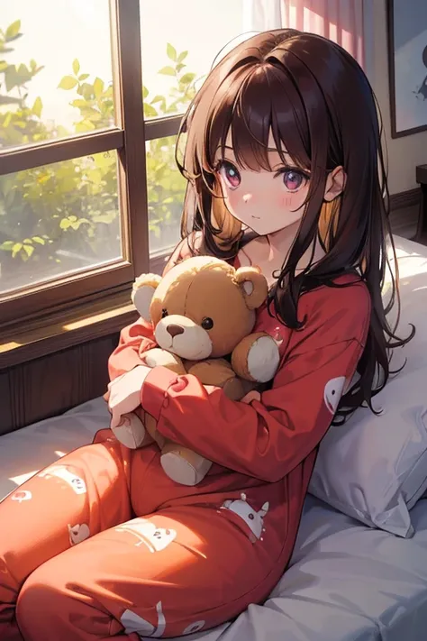 A cute baby in his dinosaur pajamas,Her eyes were ruby red,Her messy brown hair,He holds a teddy bear while he sleeps soundly in his crib as the morning light streams in through the window and illuminates the room 