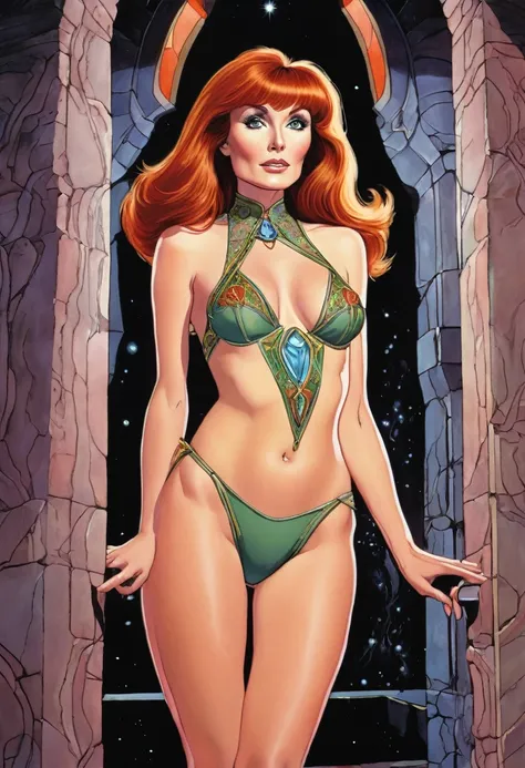 Beverly Crusher(age 25, young and vibrant), elf maiden, (sheer colorful embroidered lingerie no underwear) entranced, entering a mystic chamber with demons crawling up the walls, viewed from low angle, butt focus
