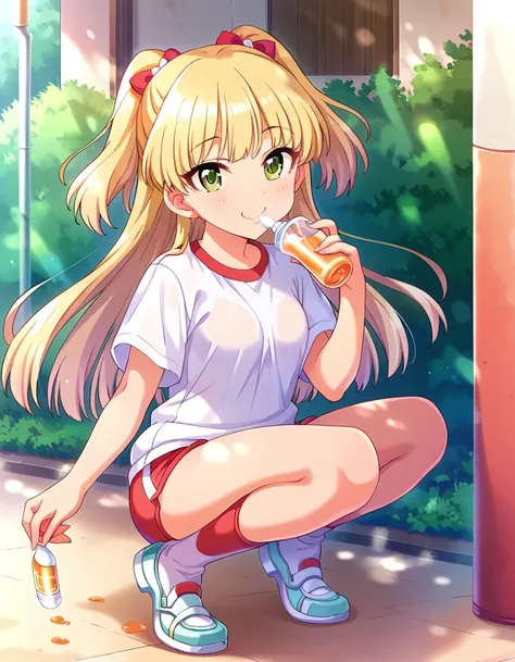 score_9, score_8_superior, score_7_superior, sauce_anime,
evaluation_Sensitive, Sexually suggestive,
One person, alone, cool, Joyful, sexy，
Outdoor, Sunbeam,
 Long Hair, Blonde,   Hair Ribbon,Green Eyes, Small breasts, 
Gym suit, White gym shirt, Untucked ...