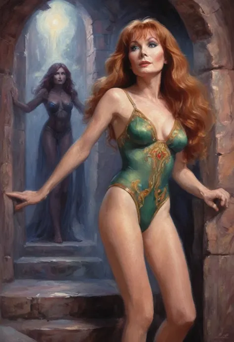 Beverly Crusher(age 25, young and vibrant), elf maiden, (sheer colorful embroidered lingerie no underwear) entranced, entering a mystic chamber with demons crawling up the walls, viewed from low angle, butt focus
