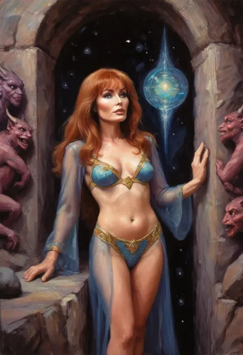 Beverly Crusher(age 25, young and vibrant), elf maiden, (sheer colorful embroidered lingerie no underwear) entranced, entering a mystic chamber with demons crawling up the walls, viewed from low angle, butt focus
