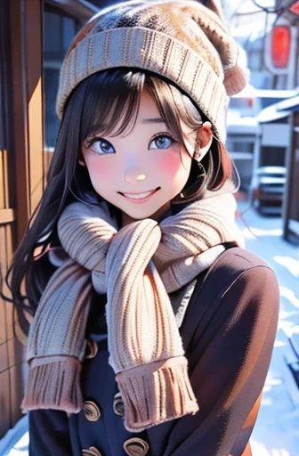 Kobe、university student、18-year-old、148cm、cute、The ultimate beauty、masterpiece、Highest quality、Highest quality、so beautiful、Stylish、Ring piercing in the right ear、Dark eye makeup、Red eyeshadow、Orange blush、Coral pink lips、Girly Fashion、Knitted hat、Scarf、Ch...