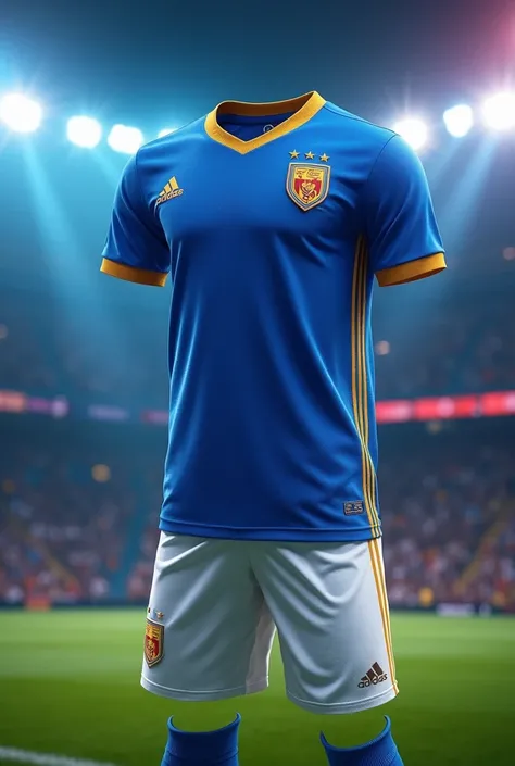 Efootball uniform in blue with golden stripes, golden details, white shorts and blue socks 