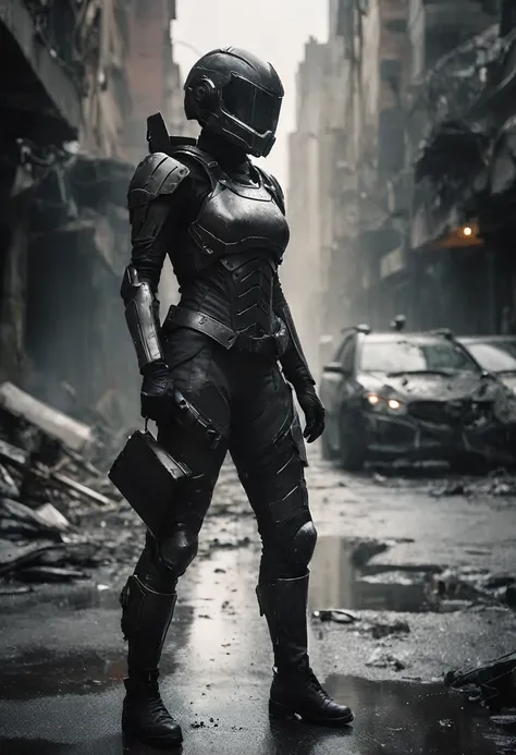 black armed female figure in sci-fi combat armor with cybernetic helmet, mask, sci-fi visor, bald head, plate armor, insulation armor, spacesuit, many small details, sci-fi movie style, on a destroyed city street, cloudy, photography , Natural Textures, Na...