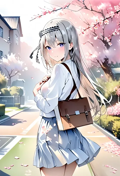 light-coloured watercolor paintings,portrait of shiragane kei,white school uniform,kei turns around and smiles under the blossom...