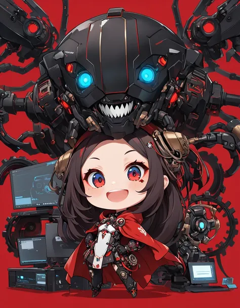 The picture shows a (cute) Adeptus Mechanicus girl. Her gaze is penetrating, and her face is hidden under a mask with monitors and LEDs. Graceful mechanical limbs complete her elegant appearance, and her outfit emphasizes her strength and uniqueness in the...