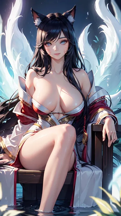 (best quality,ultra-detailed,realistic:1.37),Ahri,spa,luxurious,relaxing atmosphere,beautiful detailed eyes,beautiful detailed lips,smiling,bathrobe,sitting upright,black hair,nine white tails,peaceful background,portraits,vivid colors,soft lighting,tranqu...