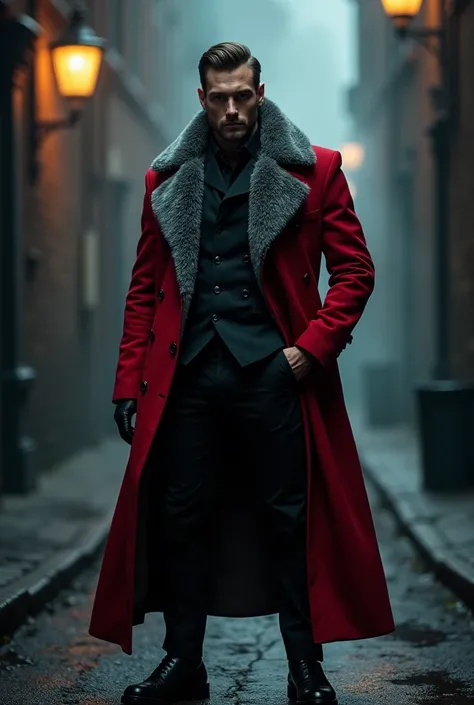 Create a male villain, wearing a crimson ulster coat  with grey fur on the storm collar, black trousers and leather boots. His hair is licked back and short, he has a stubble as well