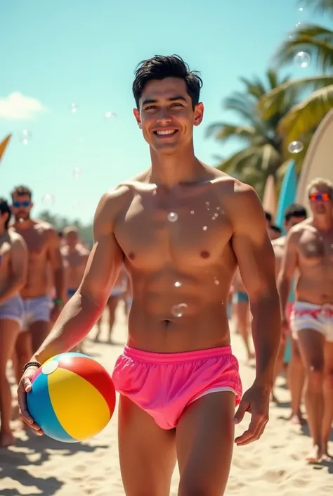 A handsome young man with a beautiful, thin, white face, fair and smooth skin, shirtless, wearing a pink swimsuit, short black hair, on a catwalk at a mens beach party, holding a beach ball in his hand, the audience applauding and celebrating with bubbles....