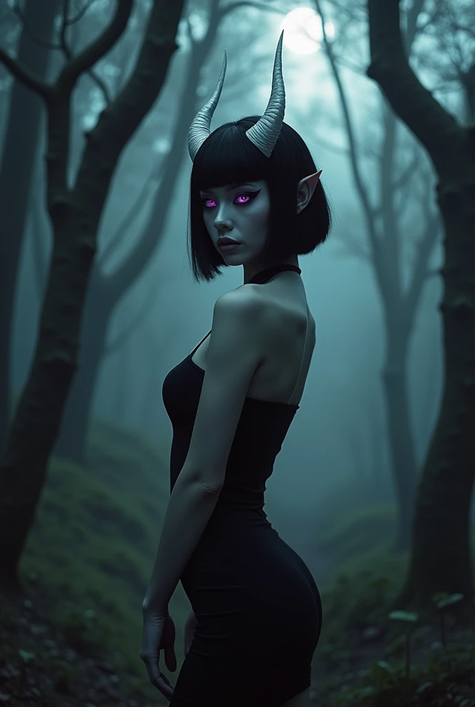 Beautiful demon woman, very white skin, glowing purple eyes, black hair in an inverted bob, white horns, wearing a little black dress, black eyeliner. In a dark forest. 