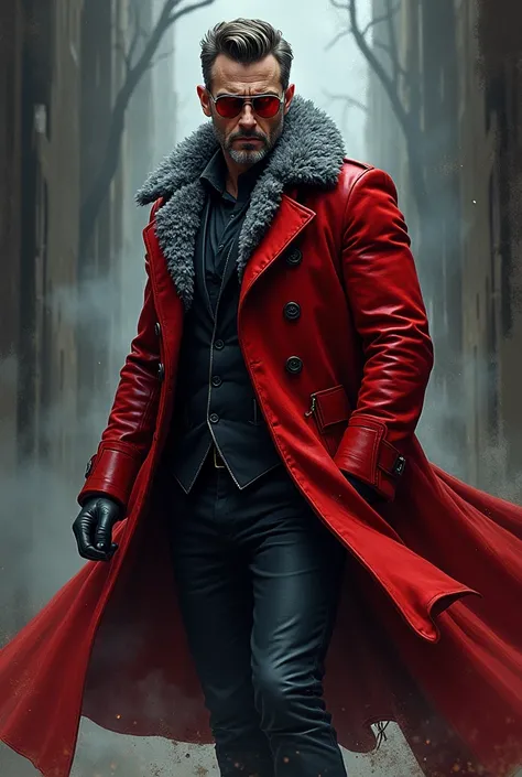 Create a male villain (40-50 years old), wearing a crimson ulster coat  with grey fur on the storm collar, black trousers and leather boots & silver aviators with red glass. His hair is licked back and short, he has a stubble as well. (Crayon sketch image)