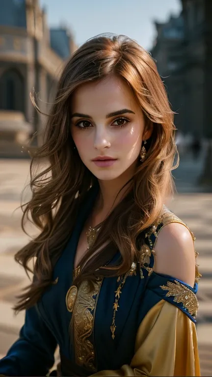 an elegant woman with long hair and a blue and gold dress, (( face de Emma Watson:0.8))) ((( face of Penelope Cruz:0.9))), a young girl like Genghis Khan, beautiful woman , beautiful young , portrait knights of the zodiac girl, female actress, shot with ca...