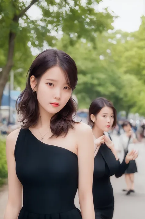 (realistic), (hyperrealism), (photorealistic:1.4), best quality, masterpiece, (film grain:1.2), xxwon, 1girl, makeup, detailed eyes, detailed face, looking at the viewer, (upper body:1.2), black dress, walking at the village, trees, iu1 