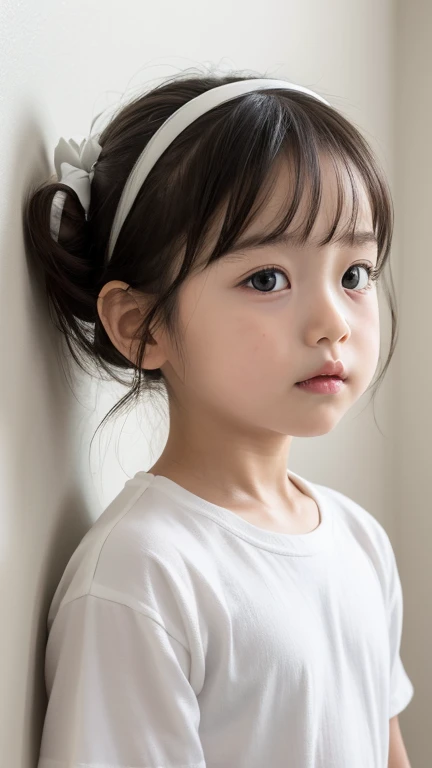 (best quality, masterpiece:1.4), ultra high res, 8k, ultra-detailed, (photo-realistic:1.2), RAW photo, perfect anatomy, detailed face, detailed eyes, detailed skin, 1girl, cute, Japanese, (little kid girl:1.3), bun, bangs, standing, white T-shirt, black ha...