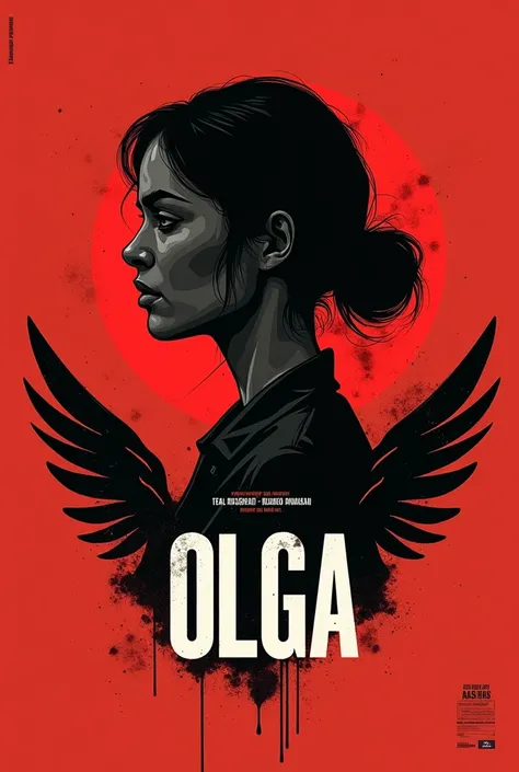 recreate the OLGA movie poster. colors: rot, blackw, white and other undertones related to visual style: minimalist and stylized and a little realistic. dê uma personalidade única com a essência do filme para o pôster mas que ainda seja easy to draw. 
elem...