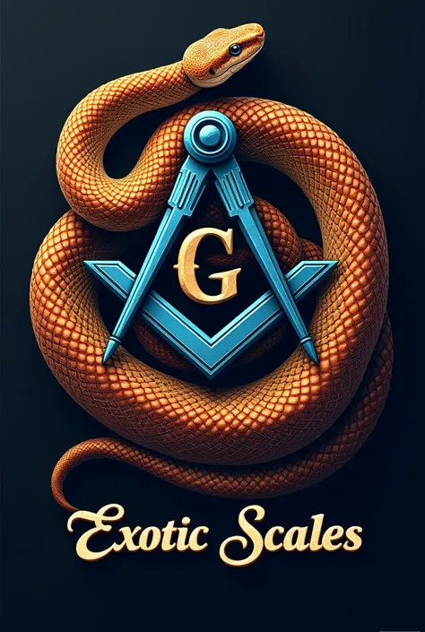 Create a logo for a snake breeder with a blue mason symbol with brown orange and a small python snake with the name in text of "Exotic scales"