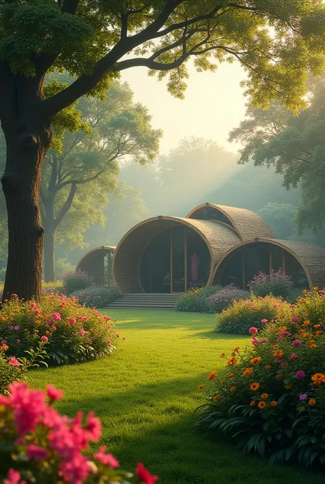 Create a serene and idyllic scene of an indian ashrama nestled in the heart of a forest at dawn. The atmosphere is tranquil, with a soft, warm light casting a gentle glow on the surroundings. The ashramas architecture blends harmoniously with nature, featu...