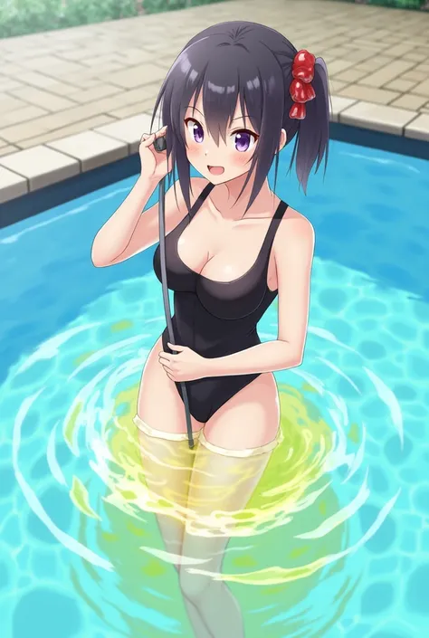 Anime, girl, girl in a swimsuit, girl in a swimsuit with a tube that is inserted into the space, pisses, pisses herself, pisses with yellow urine, pisses into a tube that is inserted into the space, from a tube that is inserted into the space, yellow urine...