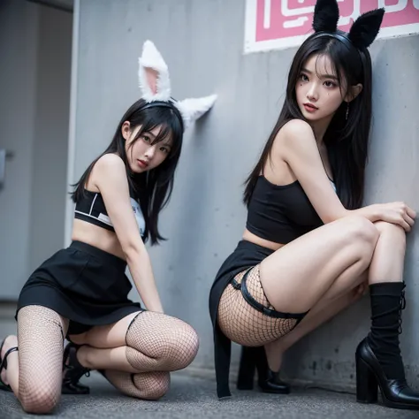 Multiple  Very beautiful cute Hong kong female at anime con 2024 wearing fishnet stocking up to the waist and very short black skirt where you can see the whole butt to the waist and a thin small tight blue fishnet crop top showing under boob , wearing fak...