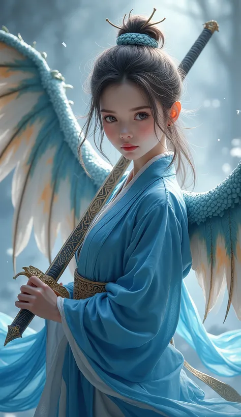 1 girl ,angel, Chinese dragon wings, Beautiful blue clothes , Wielding an ancient Chinese sword,Look at the camera. (high resolution, Highly detailed, best quality), Medium bust