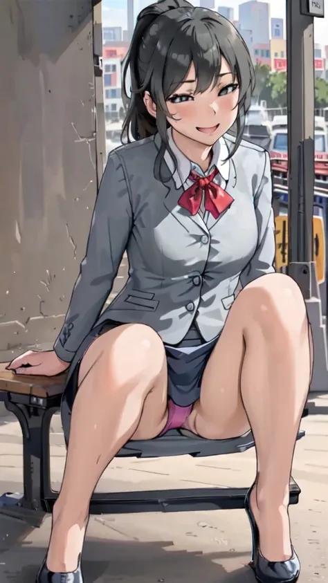 masterpiece, Highest quality, Absurd, Perfect Anatomy, Beautiful background, Beautiful Face, Beautiful body, One person、Masturbation(Portraiture、from the front)(Lace panties、High heels)ponytail、ribbon、smile、office lady、Gray office suit、(Sit on a bus stop b...