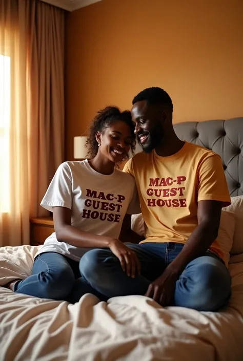 A beautiful sexy Ghanaian lady sitting on her bed  with her husband and both wearing T-shirt with inscription MAC-P GUEST HOUSE 