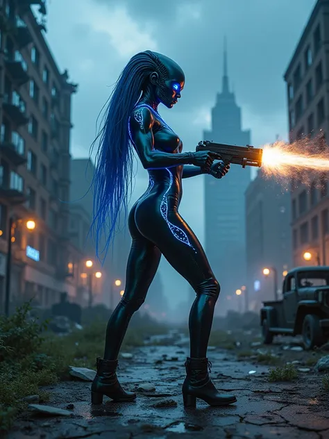 Hyperrealistic photo of a woman in xenomorph style with LED lights, blue hair, firing a plasma gun, urban landscape post-apocalyptic world.  complexity of details in the image., sharp focus