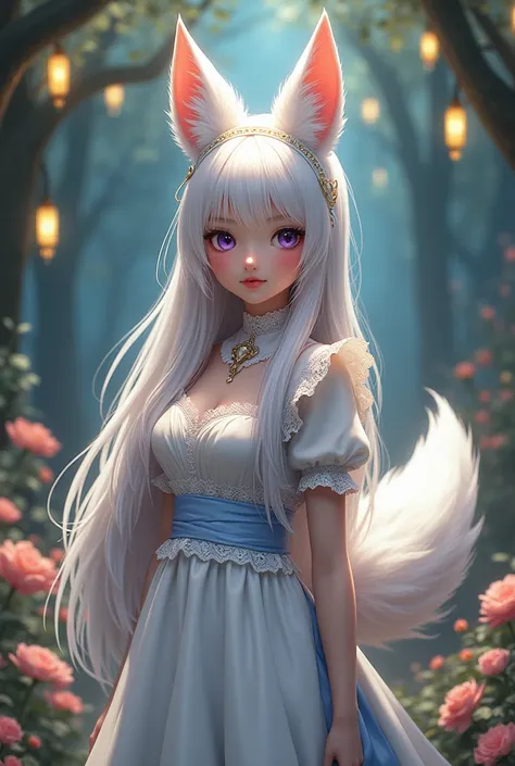 A girl with a white fox tail and ears, white hair and wearing a maid outfit. With violet eyes and height 1,82. With a somewhat large chest.