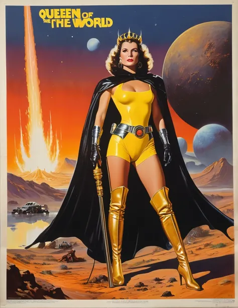 High quality, 1980s painted sci-fi movie poster, bold large Yellow text centered on top “Queen of the Final World”, (40 years old), tall muscular ((Jewish woman)), hand on hip, dramatic pose, wide chin, big nose, broad shoulders, wide hips, thick thighs, r...