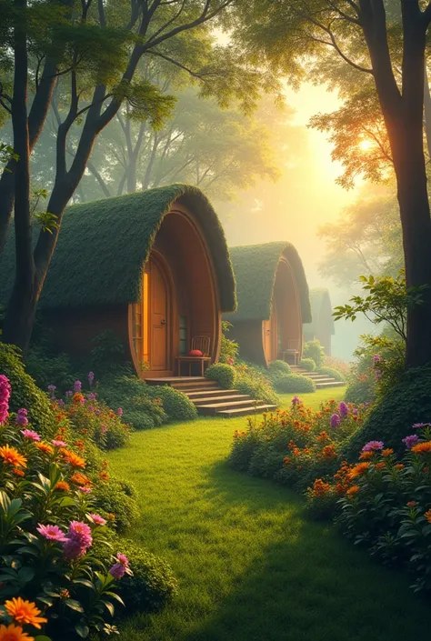 Create a serene and idyllic scene of indian mythological cottages of monk in the heart of a forest at dawn with saffron light. The atmosphere is tranquil, with a soft, warm light casting a gentle glow on the surroundings. The ashramas architecture blends h...