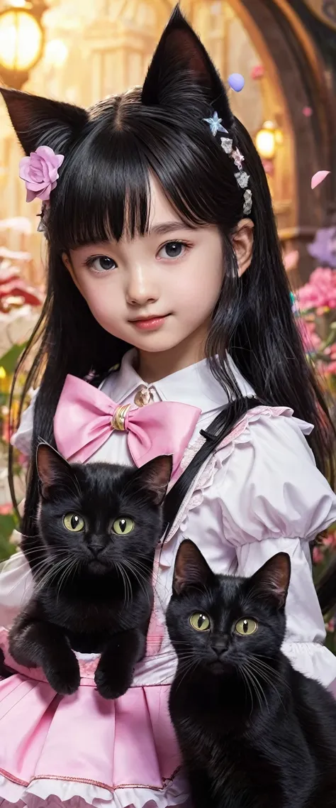 high quality, detailed, a black cat baby and a magical girl,the magical girl is 15 years old, in wander land,