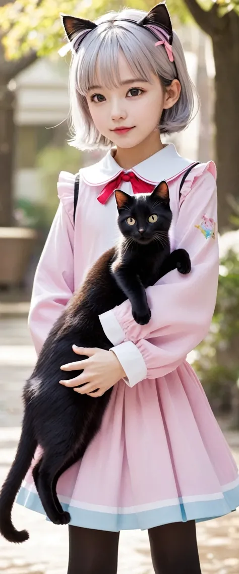 high quality, detailed, a black cat baby and a magical girl,the magical girl is 18 years old, in wander land,