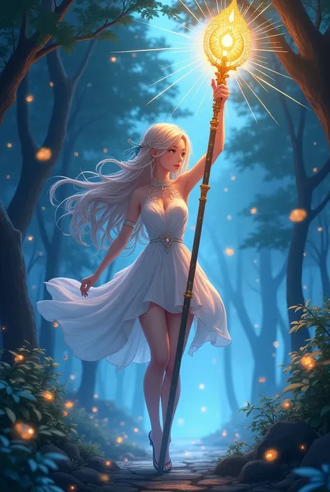 Adult anime woman short white dress cleavage with magical light staff casting light spell