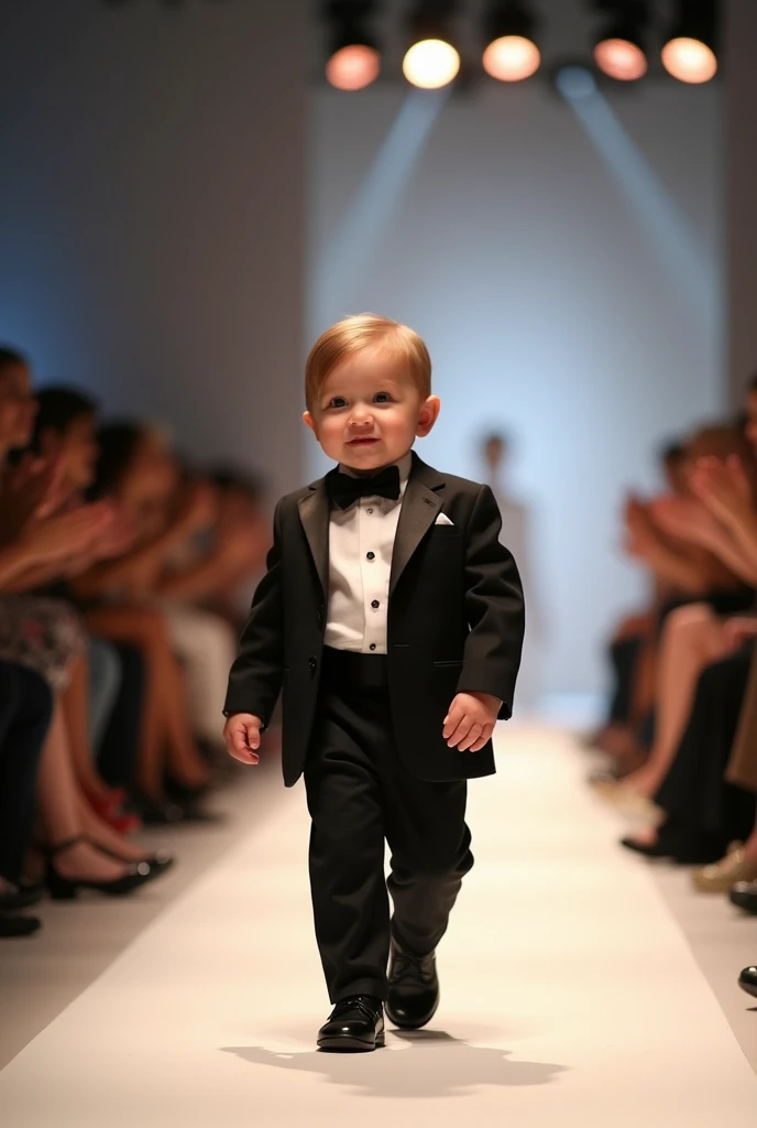 Cute brown big head baby dressed as groom in fashion show in realistic full body style