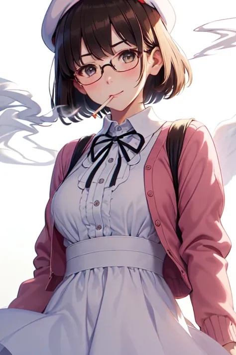 (masterpiece:1.6, best quality), (finely detailed beautiful eyes: 1.2),  ph_katou, katouhdlong, katouhd, 1girl, solo, holding eyewear, hat, eyewear removed, dress, brown hair, bangs, holding, short hair, simple background, glasses, jacket, white background...