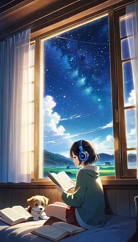 A room with large window frames and curtains billowing in the wind,A girl gazing out the window, Put on big headphones、Reading a hardcover book, with a puppy.Outside the window, a starry sky shines brightly, Nostalgic Landscape, An atmosphere reminiscent o...