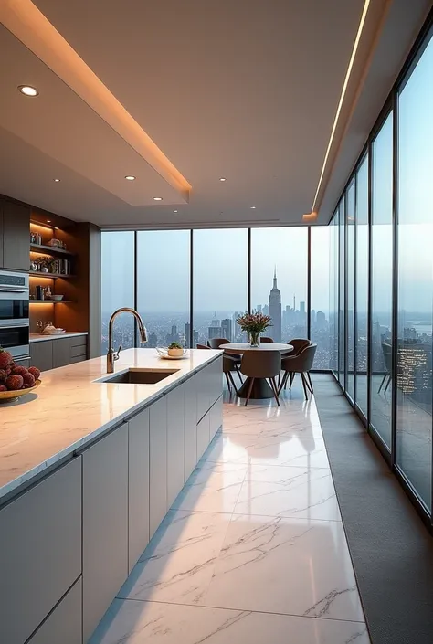 Create me a penthouse in New York, a huge kitchen, that looks really awesome with marble. Beautifully elegant. Beautiful simple, very very modern and rich