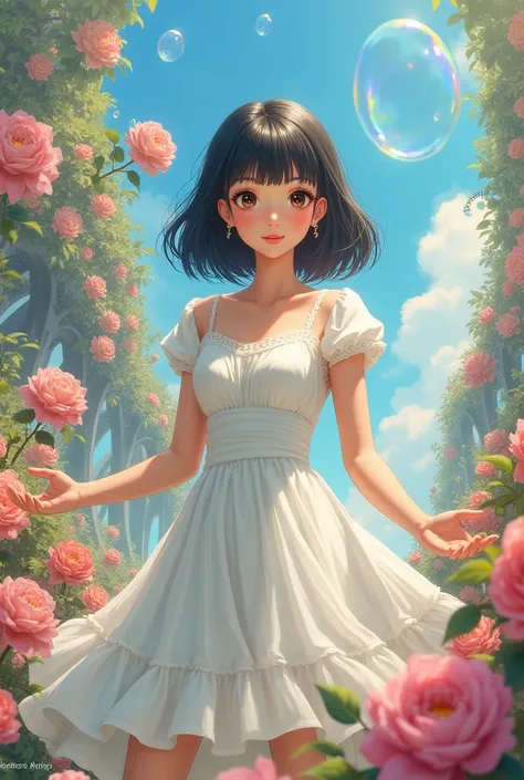 Fantastic World。Surrounded by flowers, gears and soap bubbles。Classy white dress。Longish short hair、The bangs are straight and reach the eyes。
She resembles Kyoko Fukada and Noriko Sakai。
A gentle gaze、The head is thick and short、The chest, arms, and thigh...