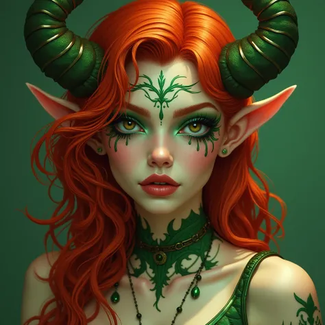 nymph, redhead, green extravagant makeup, hot, nsfw, fantasy style illustration
