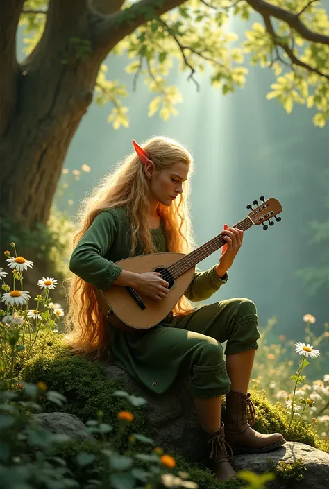 Handsome blond elf man playing a lute 