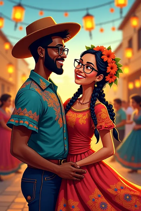 A couple in their typical Paraguayan dance costume. The man is dark skinned with beard, hat and black framed myopia glasses. The woman has braids and flowers in her hair, with round, clear-framed myopia glasses, animated cartoon style.