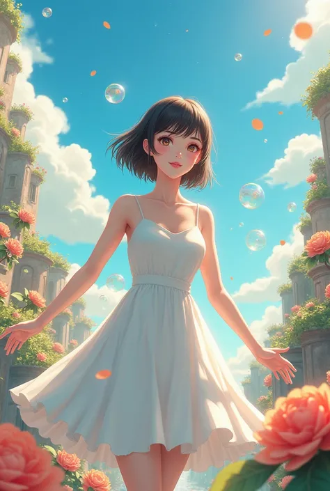 Fantastic World。Surrounded by flowers, gears and soap bubbles。Classy white dress。Short cut medium hair。Shave the hair on the sides of the head down to the jawline.、The bangs are straight and reach the eyes。
She resembles Kyoko Fukada and Noriko Sakai。
A ge...