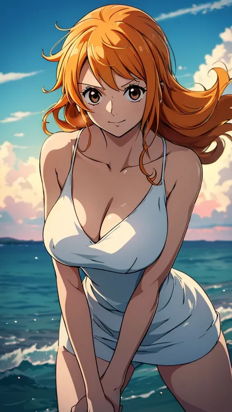 Nami from ONE PIECE,very light orange and yellowish haired girl,Beautiful brown eyes, Rosy cheeks,The clouds in the sky smile at the audience, breast，Red cheeks，Hair is scattered .The art style should be similar to the charming anime style. For image quali...