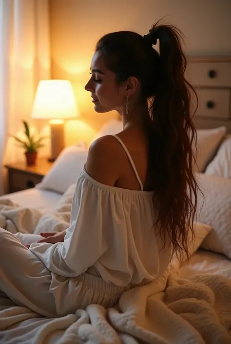  beautiful woman, sitting on bed, wearing loose off-shoulder top, pajama pants and pulling her very long hair strong 