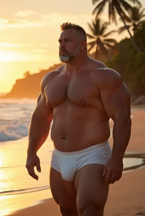 A large-looking man, stark, brawny, in the age group of 50 years, bonitas, wearing only a pair of briefs. His hand is discreetly resting over his penis., his penis is discreetly outlined.