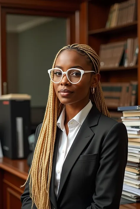 A Black woman with blonde, almost white, box braids working as a judicial technical clerk in São Paulo and wearing extra thin white framed glasses.