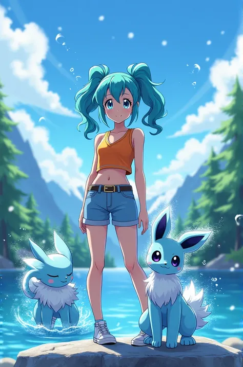 Make an anime version image of Misty teaming up with Glaceon. 